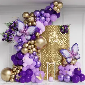 Purple Butterfly Balloon Garland Arch Kit, 158Pcs Purple Chrome Gold Balloons With Butterfly Foil Balloons For Girl Birthday Baby Shower Party Supplies Bridal Shower Wedding Decoration (Purple)