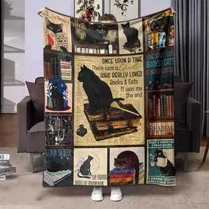 Black Cat & Books Pattern Blanket, 1 Count Soft Throw Room Blanket, Cozy Throw Blanket, Warm Nap Blanket for Air-conditioned Home Office Travel Camping