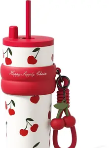 24 oz Stainless Steel Tumbler with Lid and Straw, Insulated Water Bottle Leak Proof for Hot and Cold, Portable Travel Coffee Mug, Reusable Coffee Cup for Women, Cherry