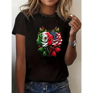 100% Cotton Mexico USA Flag Mexican Flag American Flag Rose Flower T-Shirt
