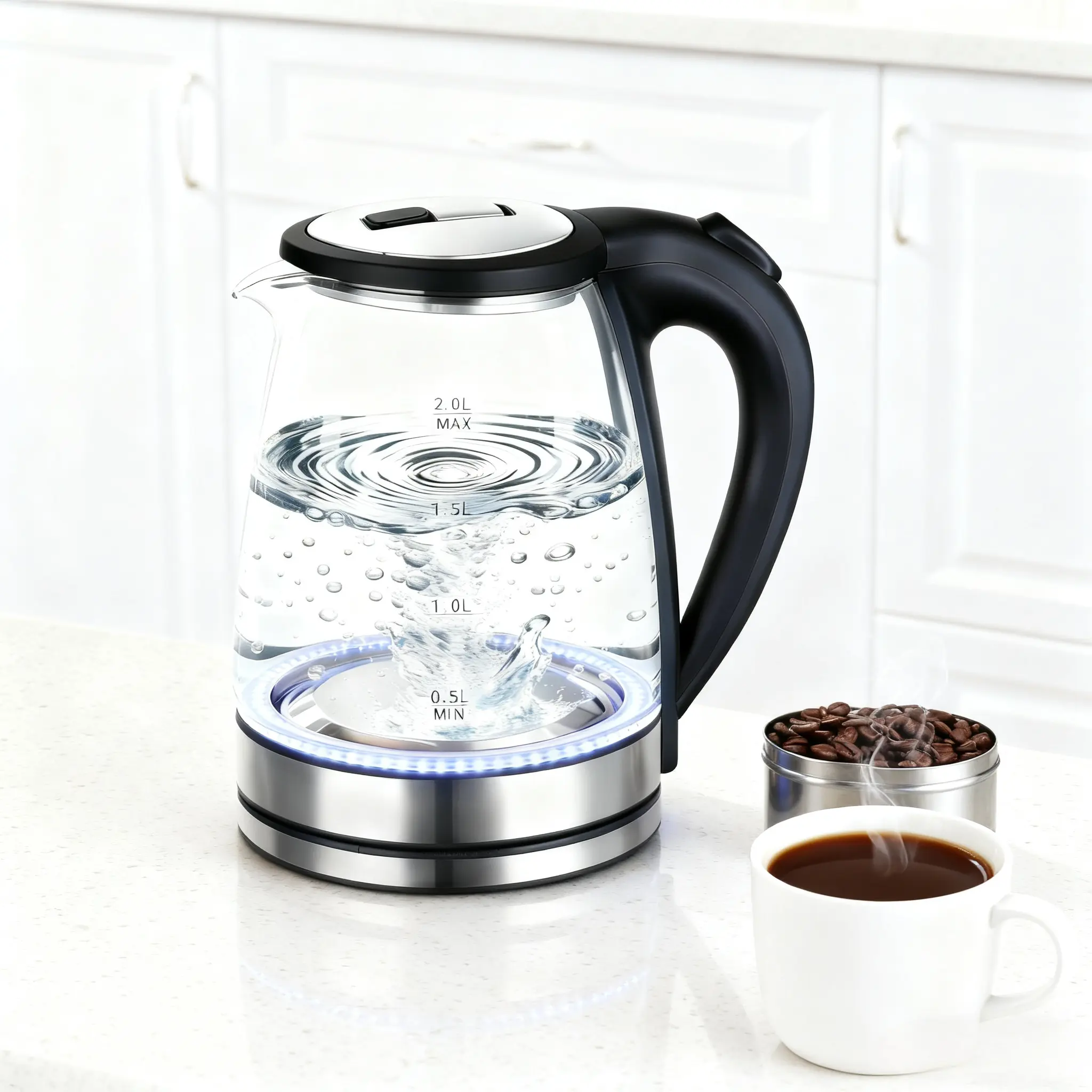 1500W Electric Glass Kettle 2.0L – Fast Boil Water Boiler for Tea, Coffee & Hot Drinks, Borosilicate Glass, Auto Shut-Off, LED Indicator, Cool-Touch Handle, Energy-Efficient, Durable, Easy-to-Clean, Ideal for Home, Office & Dorms