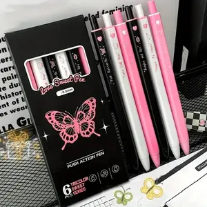 Black Ink 0.5mm Press Pen, 6 Counts/set Cute Butterfly Pattern Writing Pen, Stationery Supplies for Home School Office Dormitory Aesthetic Pens