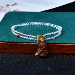 Natural Clear Quartz Sandalwood Fox Pendant Necklace, Calm Energy & Manifestation Talisman