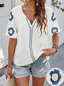 A women's solid color Floral embroidered long-sleeved shirt Blouse with a V-neck and a loose top, suitable for summer, suitable for daily Casual leisure seaside vacations, Womenswear Clothes
