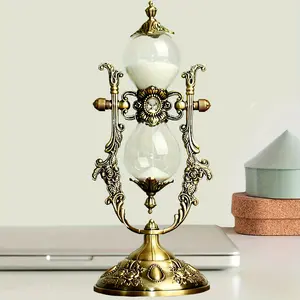 Brass Decorative Sand Timer with Vintage Antique Carved Frame, Rotating Metal Hourglass for Kitchen, Unique Home Office Desk Gift Decoration