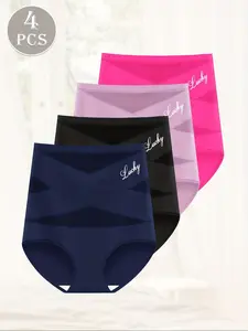 Women's High-Waisted Breathable Mesh Panties, Cross-Strap Seamless Triangle Underwear, Fitted Plain Design for All Seasons Womenswear