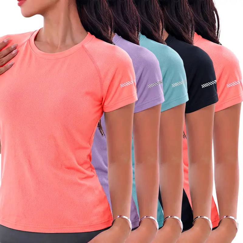 5-piece set women’s black crew-neck short-sleeve T-shirts, moisture-wicking, breathable mesh quick-dry athletic casual style, perfect for running, training, fitness, outdoor sports, and everyday wear