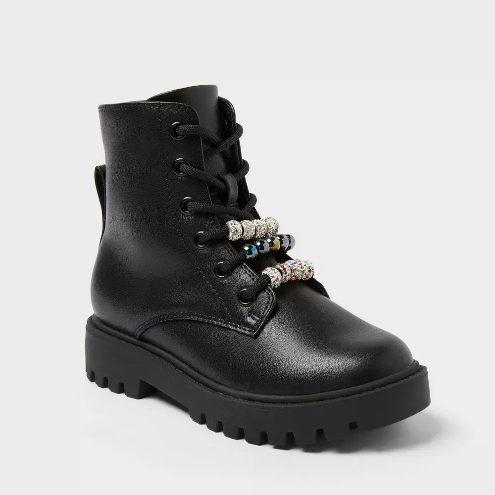 Art Class Kids' Bronx Faux-Leather Combat Boots, Round Toe Fashion Booties with Side Zipper, Lace-Up and Decorative Beads, Fashion Boot, Footwear Boot