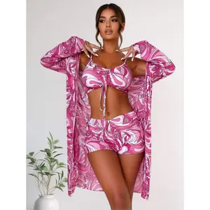 Girls Swimsuit 3 Piece Pink Swirl - Long Sleeve Rash Guard Swim Set With Bikini & Shorts; Kids Bathing Suits Beach,, Vacation; UPF 50+ Sun Protection