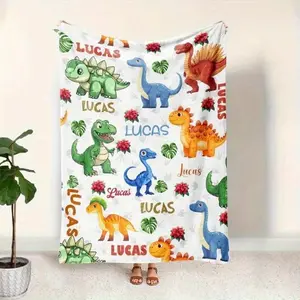 [Vibrant Bazaar] [60X50Inch] [Custom]Custom Name Personalized Flannel Blanket, 1Pc Cartoon Dinosaur HD Print, Lightweight Fleece Throw Blanket, Suitable For Sofa, Bed, Travel, Living Room, Office