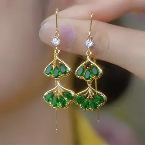 LisiZen Green Zircon Leaf Threader Earrings for Women, Elegant Long Design, Chic Lightweight Luxe Style DZEH4673
