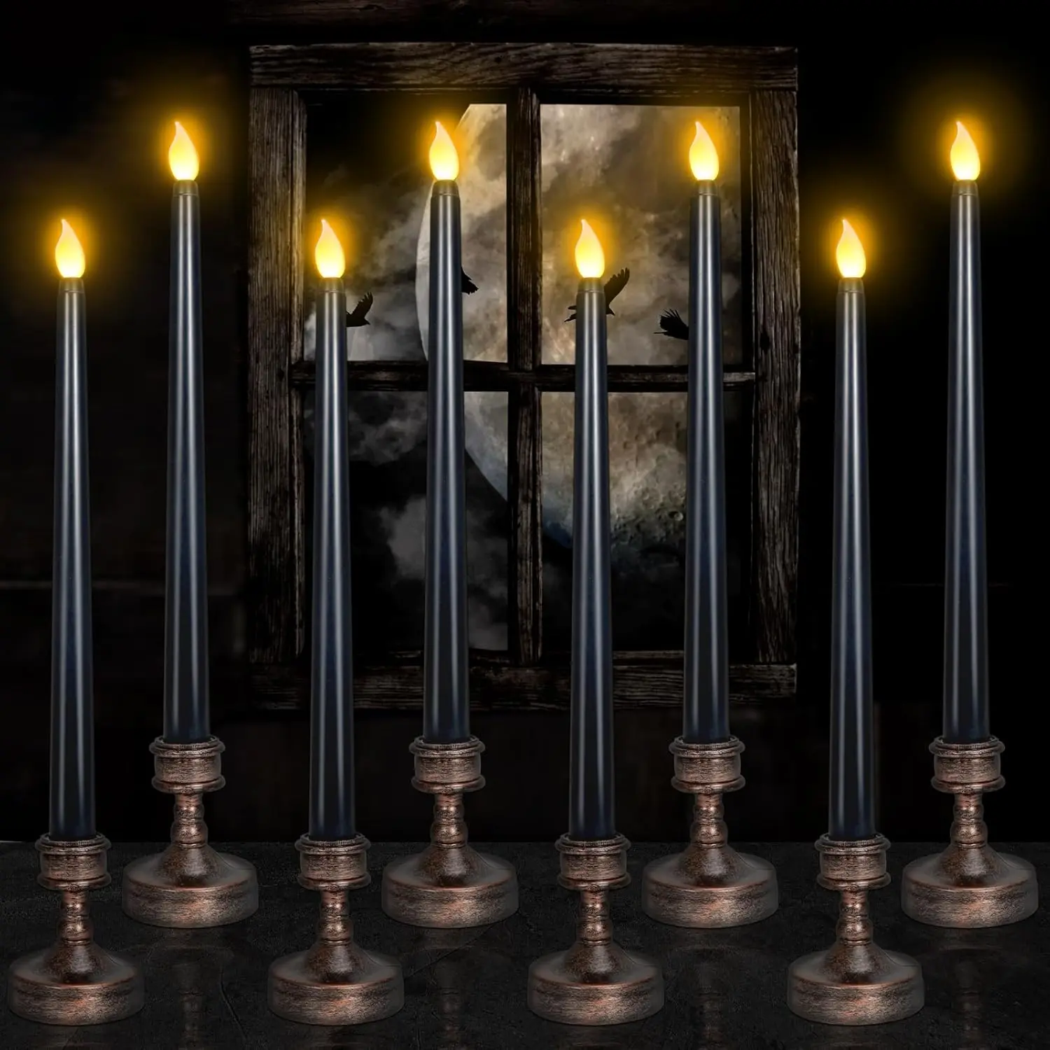 Sets of 8 Black Halloween Candles,Flameless Taper Candles with Base,LEDs Candlesticks,Plastic Flickering Flameless Candles for Halloween Fireplace