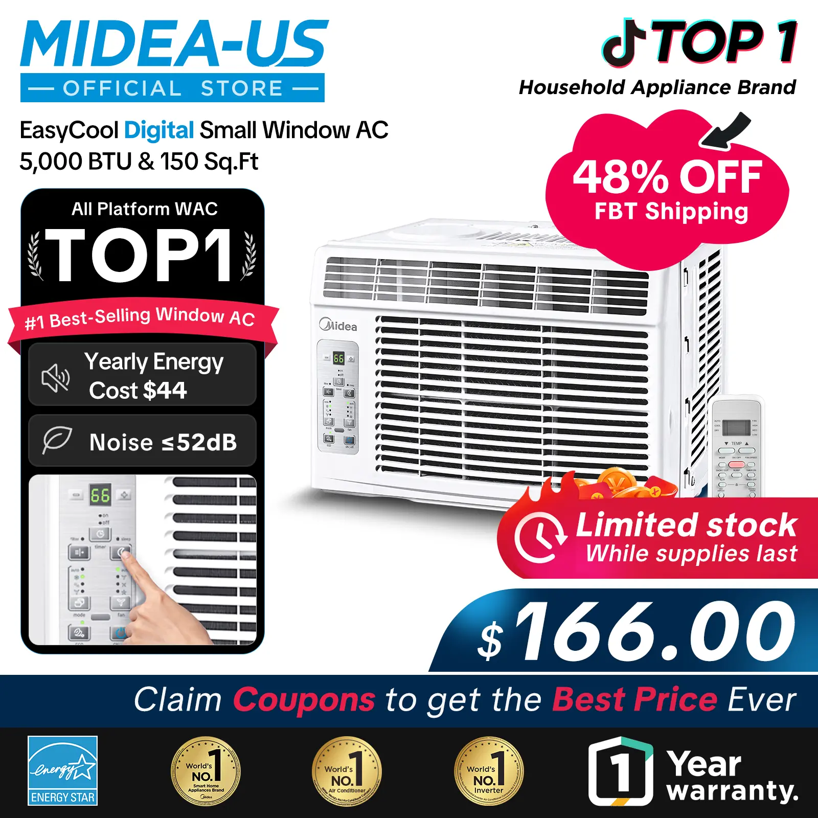 Midea 5,000 BTU Digital Window Air Conditioner, Cools up to 150 Sq. Ft. AC with Easy-to-Use Reusable Filter, Remote, Perfect AC for Bedroom, Living Room, Home Office, Electronic Control