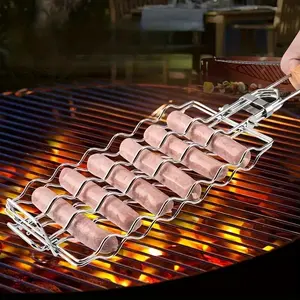 Metal Grid BBQ Sausage Grill Basket, Perfect for Home Camping Picnic, Even Cooking Sausages Vegetables, Durable Easy Clean Barbecue Accessories