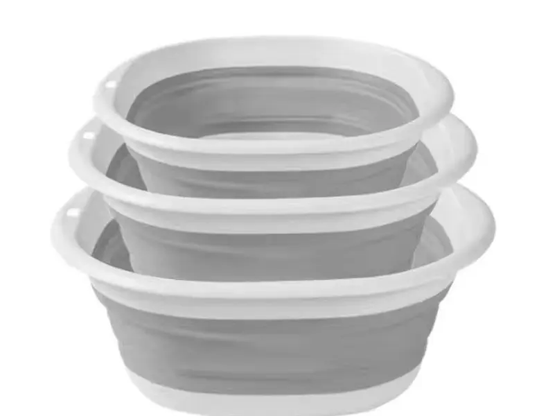 Gray 3-Pcs Foldable Durable Plastic+TPR Wash Basin Set - 15/12.6/10in, Folded 10.24x10.24x1.18in, L:15.04x15.04x6.5", Smooth Surface, Compact Stackable, Easy to Clean, Wear-Resistant, Dishwasher Safe, Home Improvement Accessory for Bathroom, Garage