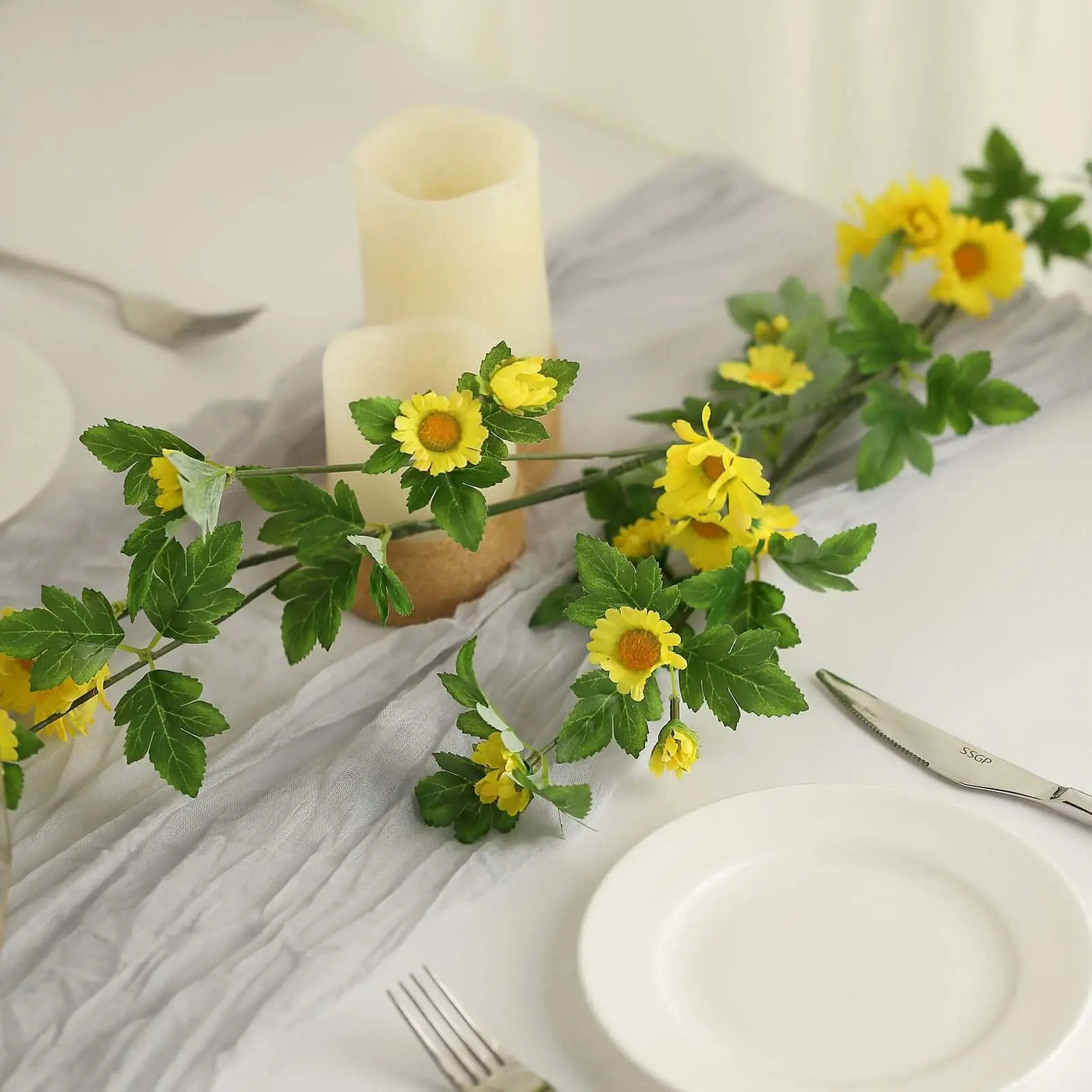 Yellow Artificial Daisy Magnolia Leaf Flower Garland Faux Vine 5.5ft