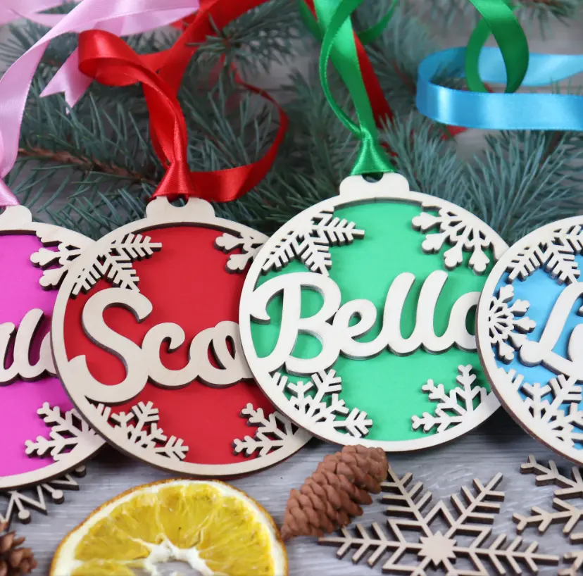 2 Sided Custom Christmas baubles with name, Wooden tree baubles, Ornament With Name ball, snowflake ornament Christmas, Personalized ornaments