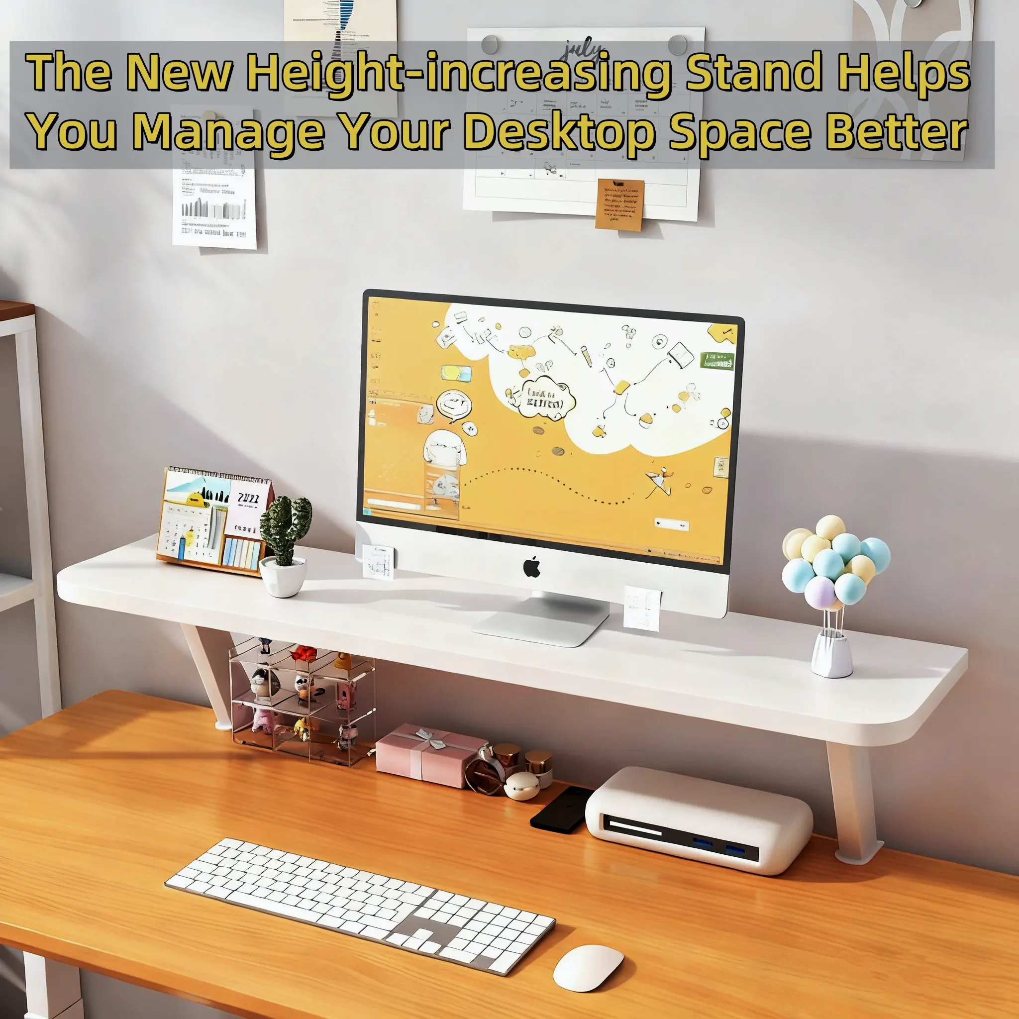 White Wooden Floating Shelves - No-Drilling Table-Mount Shelf Organizer, Space-Saving Modern Home Decor for Teenagers, Home Office Desktop Storage