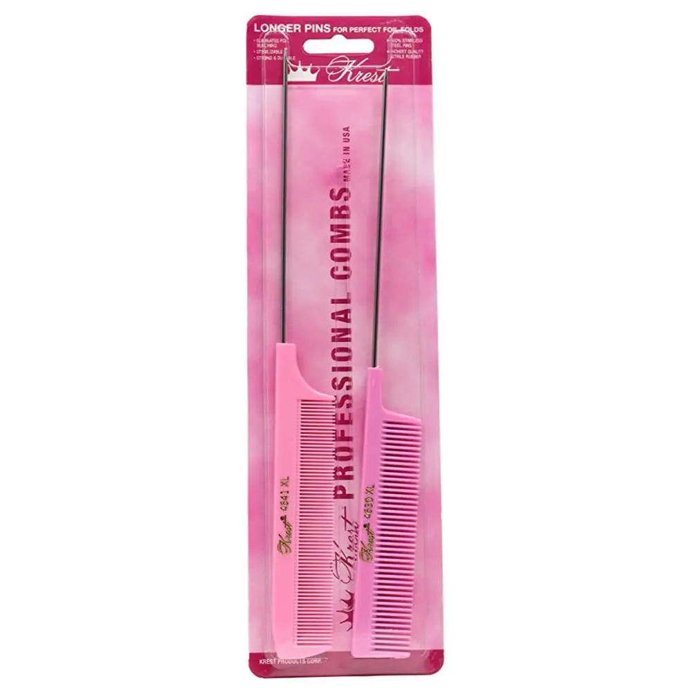 Krest Professional Rattail Combs, 2 Pieces with Stainless Steel Pins for Parting, Weaving & Foiling - For Fine & Thick Hair, Hair Styling Combs