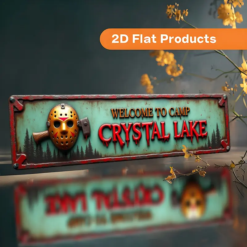 1pc 2D Plane, Retro Crystal Lake Friday the 13th Jason Voorhees Inspired Metal Sign, Vintage Metal Sign - 4x16inch Retro, Spooky Horror Movie Poster Wall Decoration, Suitable for Home, Bar, Office, with Pre-Drilled Holes No Adhesive, Wall Metal Plaque