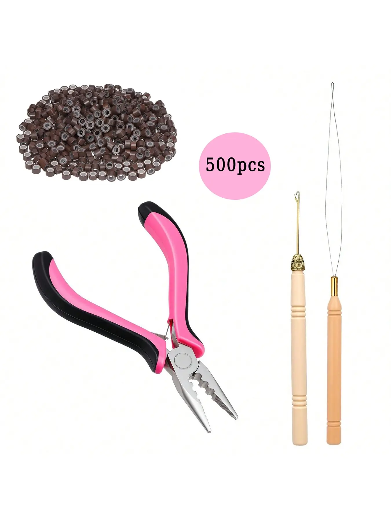 Hair Extension Tool Kit with 500Pcs 5mm Silicone Lined Micro Rings Beads, Extension Accessories, Professional Microlink Hair Extension Pliers Set with Pulling Hook Needle for Bead Extensions Application and Removal