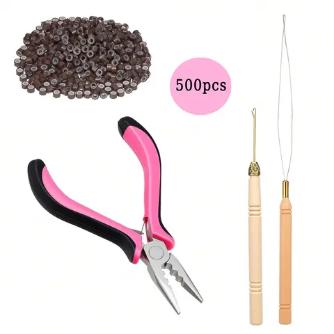 Hair Extension Tool Kit with 500 Pcs 5mm Silicone Lined Micro Ring Beads, Professional Microlink Hair Extension Pliers, Pulling Hook and Needle for Bead Extensions Application and Removal, DIY Extension