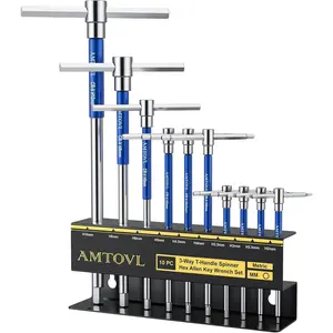 AMTOVL T-Handle Hex Allen Wrench Set - Metric, 10 Pcs 2mm-10mm, Sliding Handle, Chrome Vanadium Steel, with Aluminum Alloy Sleeves & Steel Storage Rack, for DIY, Mechanics, and Bicycle Enthusiasts