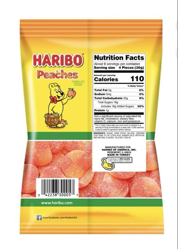 2 Pack HARIBO Peaches Gummies Fruity Peach Flavor Gummy Candy, 8 oz, Share Size Bag