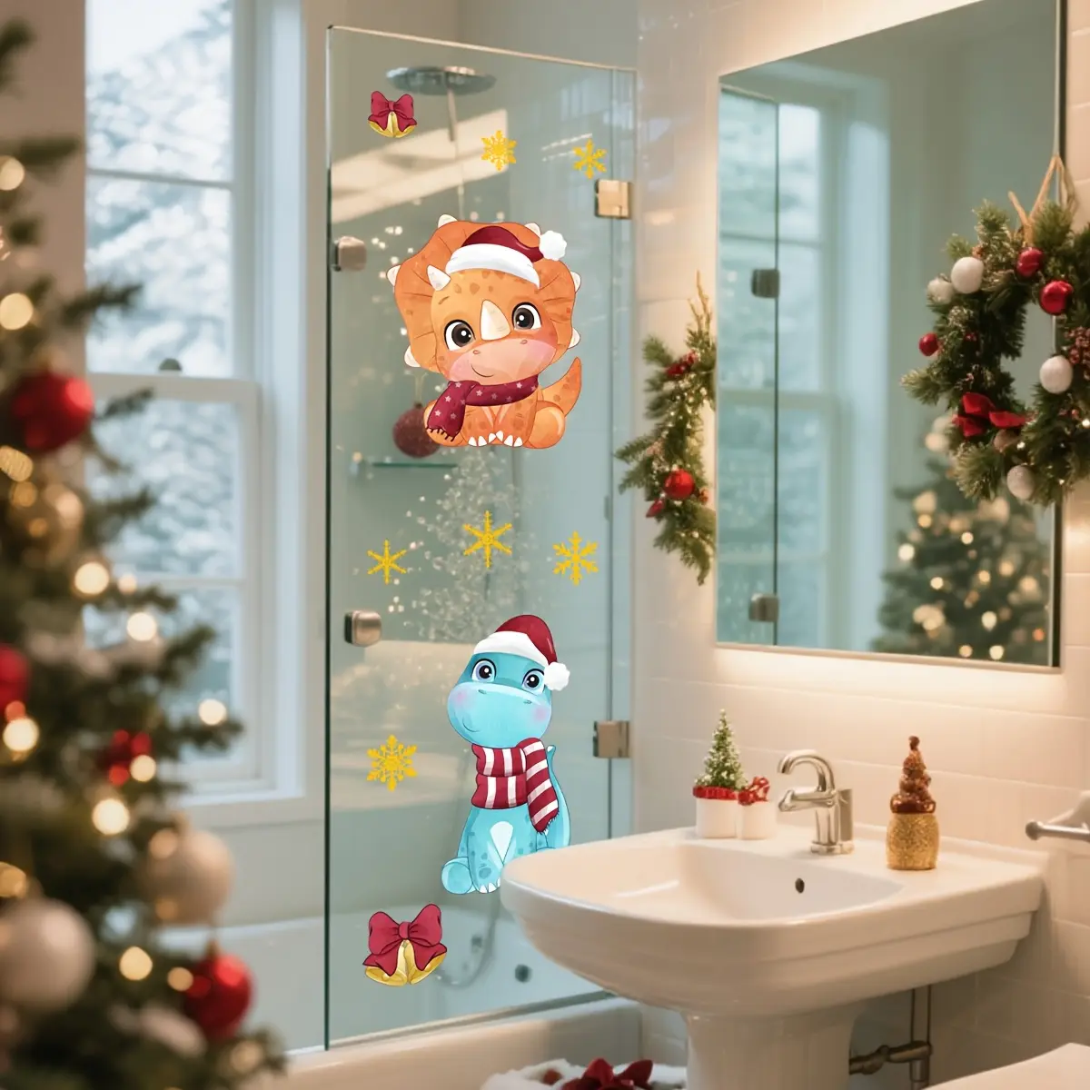 A set (30*40cm*2pcs) of Christmas small dinosaur window stickers, double-sided visible, electrostatic, 2D flat stickers, glass stickers, multi-scene window decoration stickers C20102