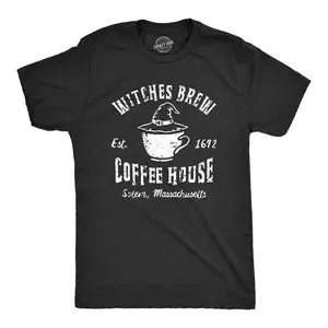 Mens Witches Brew Coffee House T Shirt Funny Halloween Party Witch Cafe Tee for Guys Mens Funny T Shirts Cool Vintage Fashion T-Shirt Gift Classic Menswear Halloween Apparel for Men Funny Coffee Short Sleeve Black -