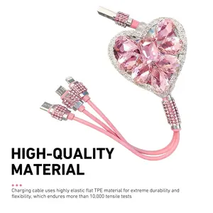 Bling Heart Rhinestone 3in1 Retractable Car Charger Cable Fast Charging Multi Port Data Sync Cord Durable Portable Universal Charging Wire Fit Iphone Android Type C Smartphone Tablet Device