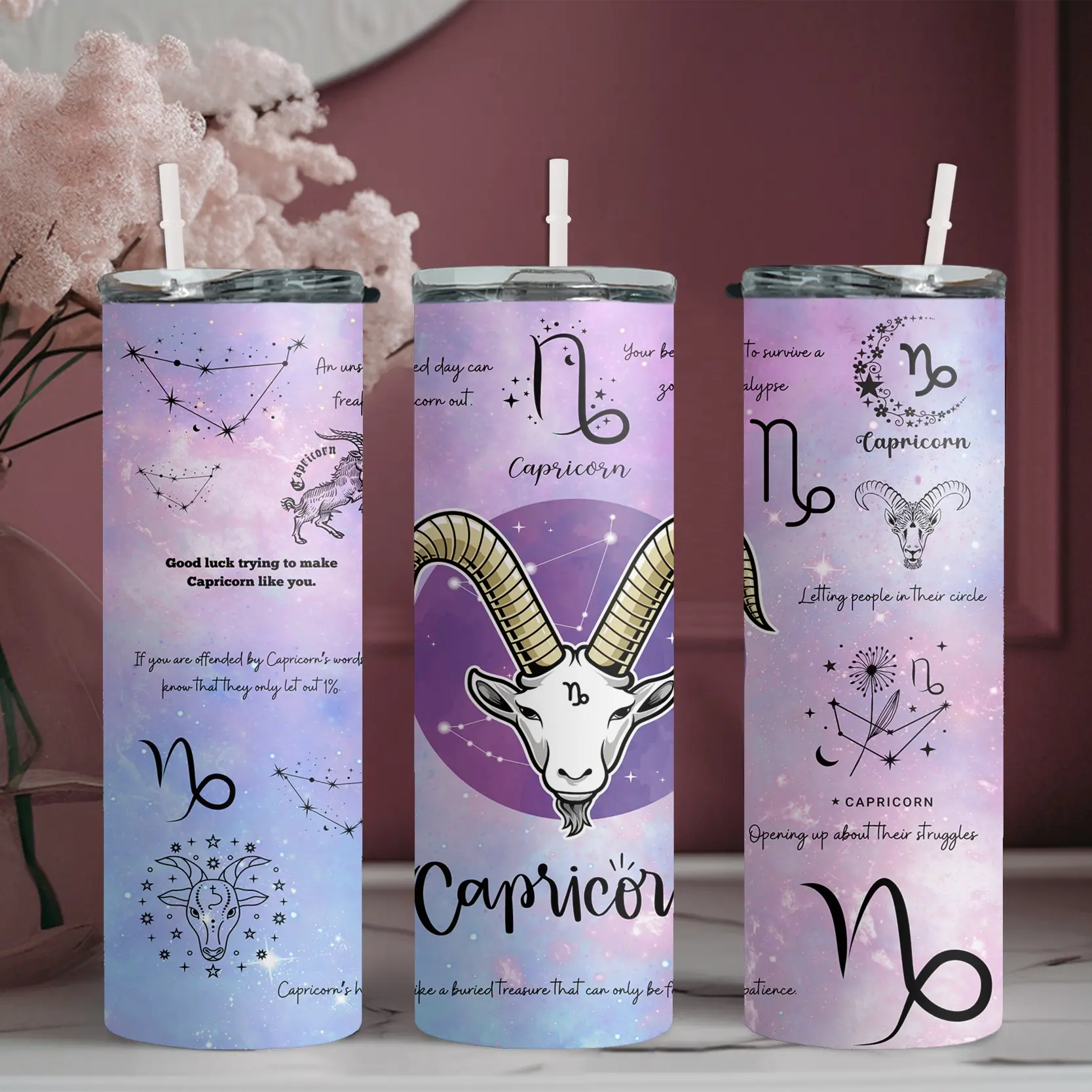 20oz Airtight Stainless Steel Water Bottle with Straw, Capricorn Constellation Skinny Tumbler, Suitable for Fitness, Travel, Great Gift for Family | 1pc