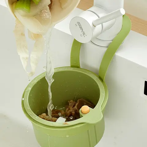 ABS+PC Plastic Kitchen Sink Fine Mesh Strainer Filtration Basket - Self-Cleaning Quick Button Clean, Removable Mesh Drain Screen, Faucet-Hanging Design Rack Organizer, Less Hand Contact Storage Holder, Daily Use Drain Kitchen Fixture Accessory (Green)
