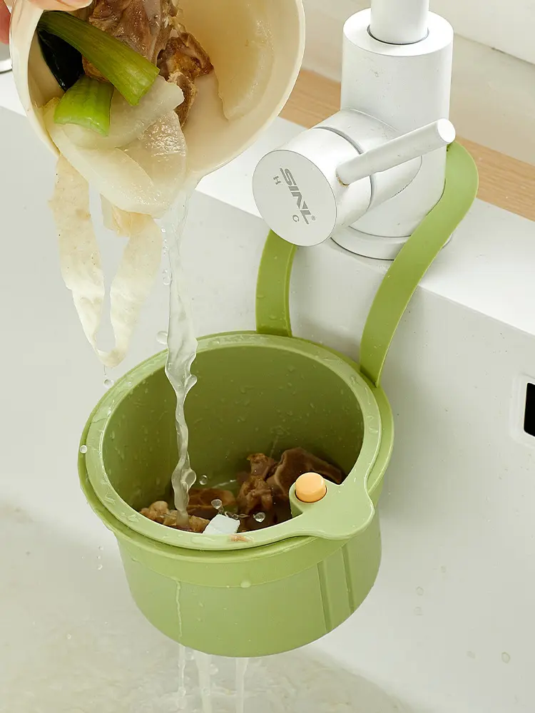 ABS+PC Kitchen Sink Strainer Basket - Self-Cleaning Food Catcher with Button Lid, Removable Mesh Drain Screen, Faucet-Hanging Design, Storage Holder, Fine Mesh for Modern Kitchen Fixture Accessories Green