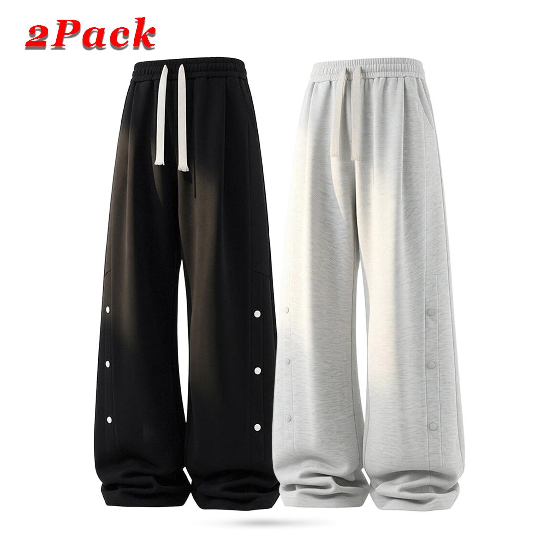 2-Pack Men’s Casual Athletic Pants with Side Button Placket, Loose Wide-Leg Street Style Straight-Leg Long Pants
