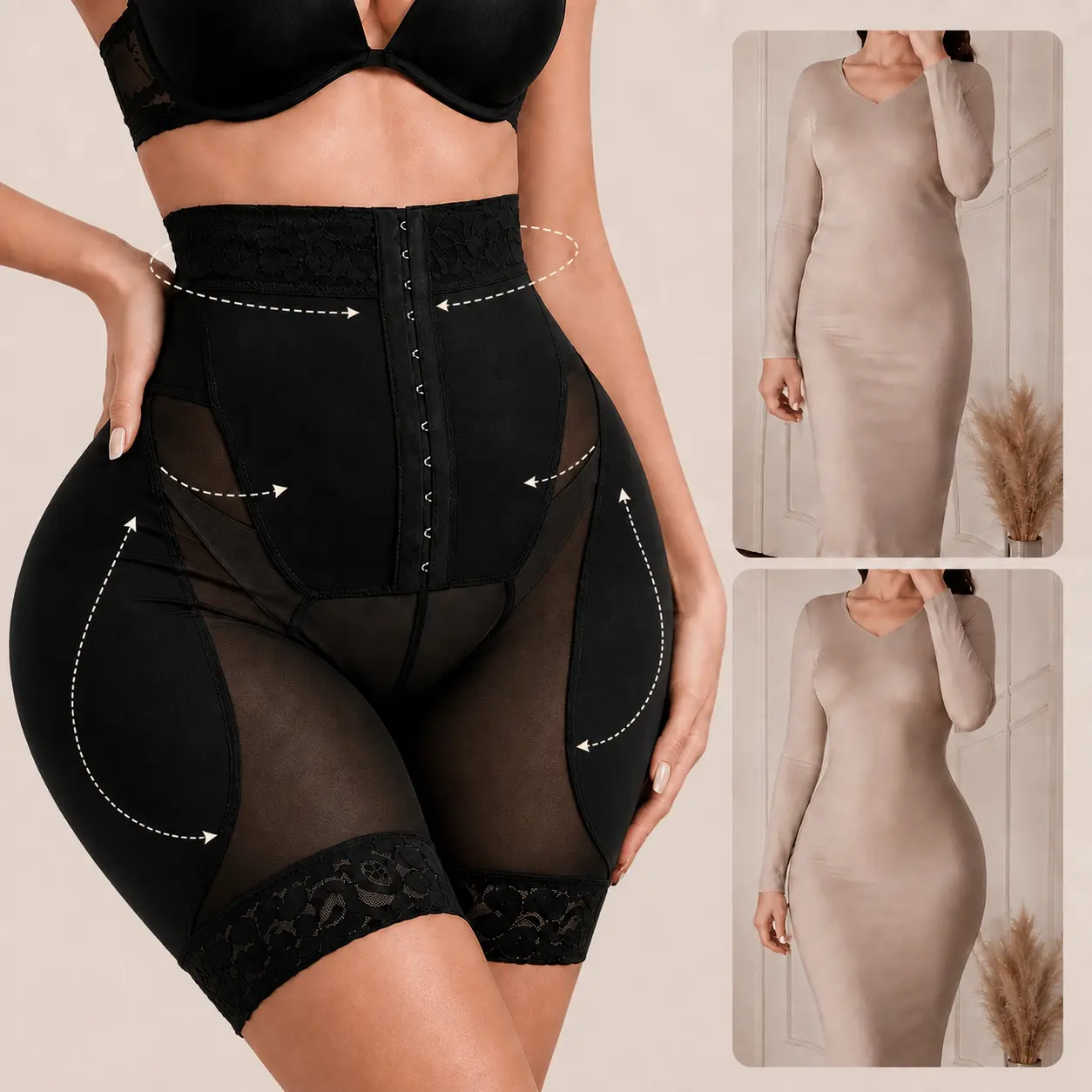 Women High Waist Tummy Control Shapewear Shorts Butt Lifter Body Shaper with Zipper Closure 3D Sponge Pads Lace Trim Seamless Slimming Underwear for Daily Wear