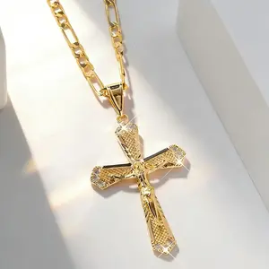 14K Gold Plated Jesus Christ Cross Pendant Necklace with Religious Medallion for Daily Wear Durable Copper Base Ideal for Christmas Church Events Year Round Faith Gift