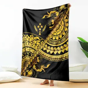 Luxury Gold Polynesian Totem Blanket, Vintage Tribal Style Flannel Nap Cover, Cozy and Stylish Bedding Accessory