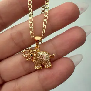 A46. Gold Elephant Pendant Necklace with Cubic Zirconia Accents for Women's Fashion Jewelry. 20”