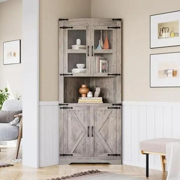 GARVEE Farmhouse Corner Cabinet, Tall Corner Storage Cabinet with Glass Door & Adjustable Shelves, Bathroom Cabinet with Storage for Living Room, Kitchen, Bathroom, Washed Grey