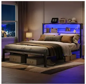 Queen Size Bed Frame with 49.2" High LED Storage Headboard Shelf, Metal Platform Bed, Black