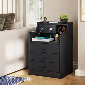 Sikaic Night Table with 3 Drawers, Black Charging Bedside Table with USB Ports and Power Outlets for Bedroom