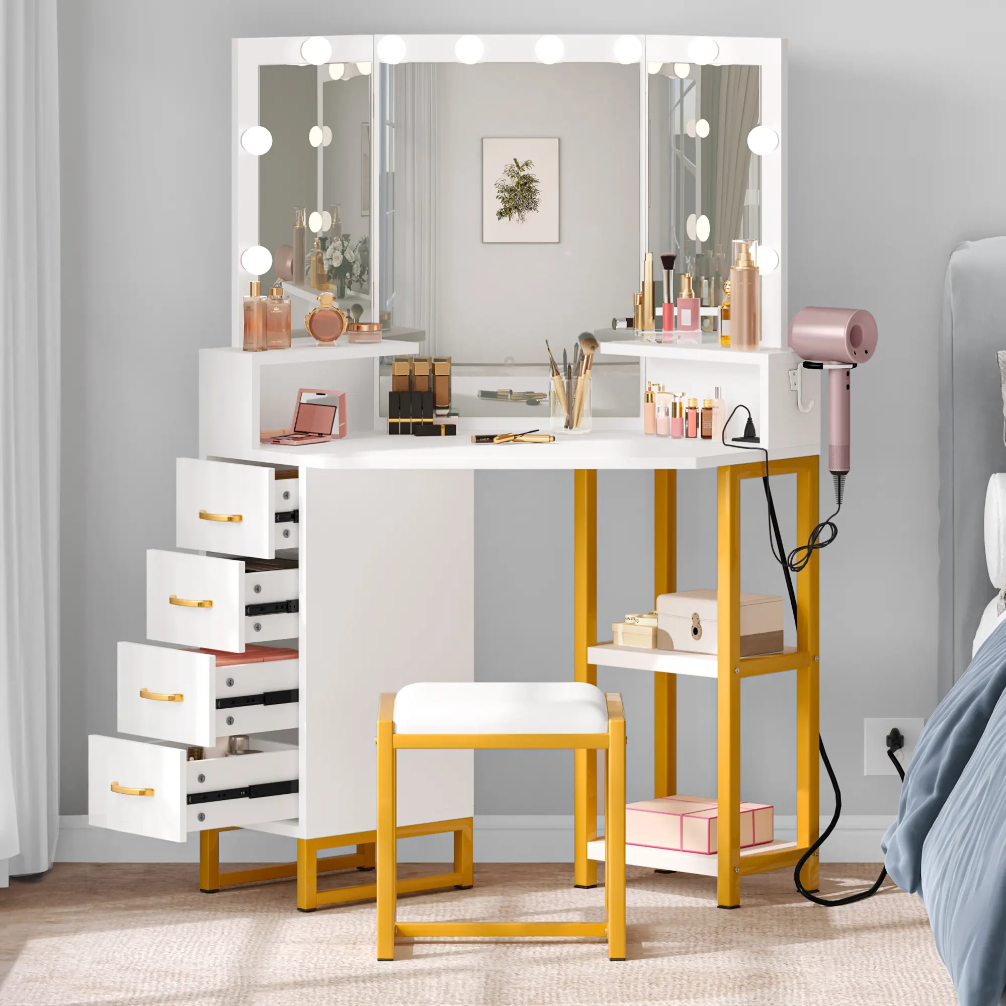 YITAHOME Vanity Desk with Lights, Corner Vanity with Power Outlet, Makeup Table Set with 4 Drawer, Stool, 3 Color Modes & Adjustable, Bedroom