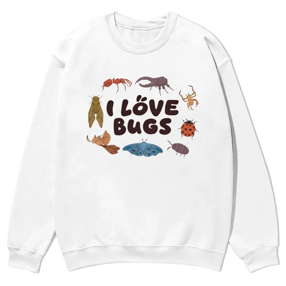“I Love Bugs” Insects Lover crewnecks for men and women, full color fall sweatshirts, fun and cozy patterned sweaters, unisex fall clothing