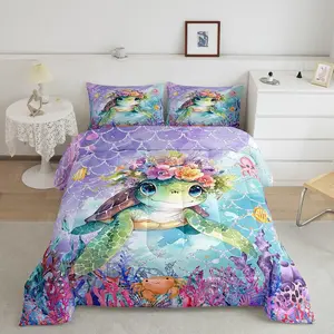 Feelyou Sea Turtle Designer Comforter Set - Blue Animal Coastal Decorative Bedroom Bedding, Mermaid Scales Beach Luxury, Breathable Ocean Summer Duvet, Bedroom Bedding Set, Decorative Bedding Set