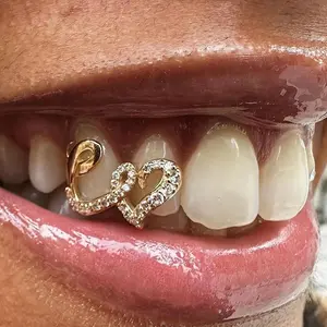 1PC Punk Copper Double Heart Teeth Caps for Women Men Hip Hop Zircon Hollow Love Tooth Grillz Couple Jewelry Accessories