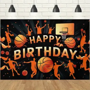 1pc 2D Basketball Sports Theme Birthday Banner, Orange-Black Contrast Design with Basketball, Player Silhouettes & Hoop Elements, Dynamic Radial Patterns for Energetic Vibe, HD Print, Perfect for Basketball Fan Birthday Party / Sports Event Decor Backdrop
