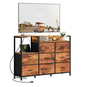 Cabinet With 8 Fabric Drawers TV Stand Metal Frame With Charging Station Entertainment Center TV Storage Display Furniture