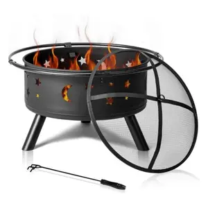 【Summervibes】Patio Outdoor Metal Fire Pit Bowl With Spark Screen Poker, Wood Burning Firepit For Camping, Backyard, Heating, Fire Cooking (Moon Stars 30 Inch Round Ring)