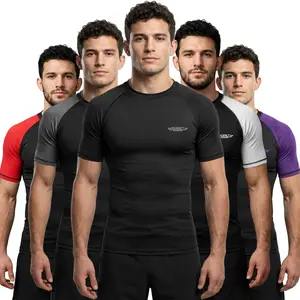 Exxact Sports Mens BJJ Rash Guard Jiu Jitsu Short Sleeve Plain, Ranked Compression No Gi Jiu Jitsu Rash Guard Men for MMA Wrestling (Black)
